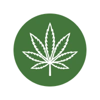 Fehér körvonalas kannabisz levél ikon sötétzöld körben.