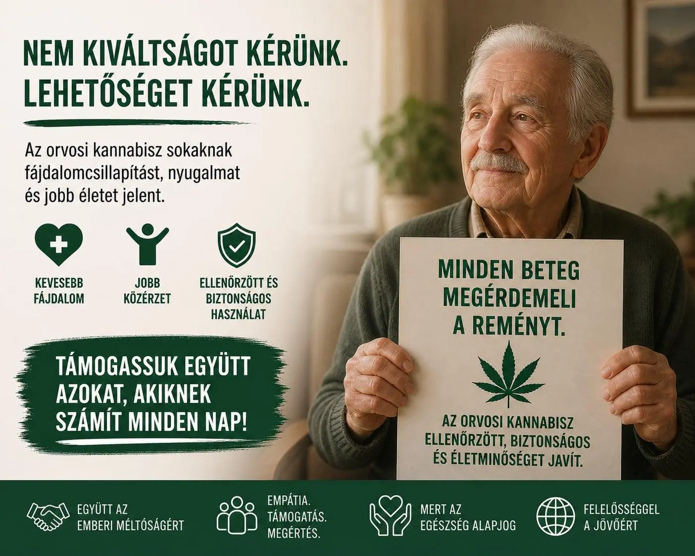 Egy idős férfi orvosi kannabisz támogatása mellett kiálló plakátot tart, a képen a fájdalomcsillapítás, a nyugalom és az ellenőrzött, biztonságos használat üzenete látható.