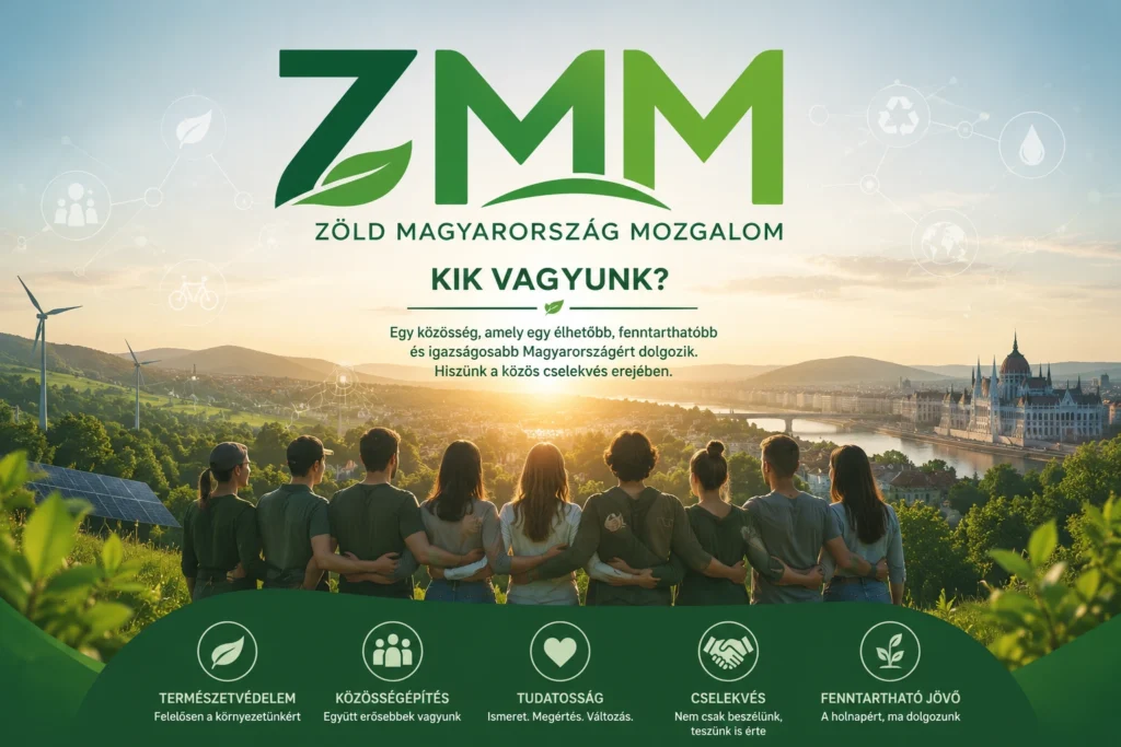 Egymás vállát átkaroló fiatalok csoportja nézi a naplementét a budapesti Országházzal és szélerőművekkel a háttérben, a ZMM „Kik vagyunk?” bemutatkozó plakátján.